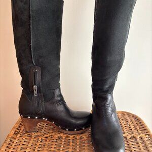 UGG Tall Leather Shearling Lined Wooden Heel Boots Size 7